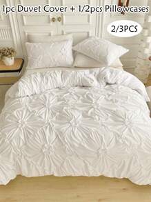 2/3 pièces Ensemble de housse de couette à motif floral plissé blanc en polyester, style minimaliste moderne. Ensemble de housse de couette et taie d'oreiller convenant à toutes les saisons (1 housse de couette + 1/2 taies d'oreiller)