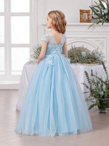 Tween Girl Independence Day Bow Embroidered Mesh Party Dress, Elegant Princess Dress, Suitable For Girls' Dresses, Birthday Party Gifts, Prom Parties, Important Occasions, Flower Girl Dresses, Wedding Dresses, Holiday Celebration Outfits,Blue Dresses For Girls,Thanksgiving Dress