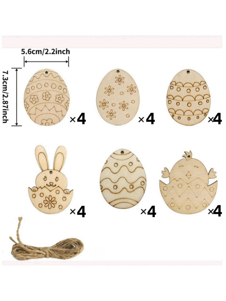 12/24/36PC Easter Bunny And Egg Wood Hanging Ornaments, Easter Theme Blank Wood Decoration, Easter Egg Painting Kit, DIY Handicrafts, With Rope. - Multicolor - View 4