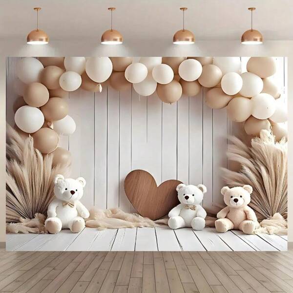 1pc Balloon Bear Design Polyester Banner, Multi-Size Option, Holiday Party, Birthday Photography Backdrop, Garden & Courtyard Wall Decor, Indoor & Outdoor Home Decoration