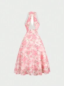 Retro Floral Print V-Neck Backless Mid-Calf Dress, Suitable For Valentine's Day, Vacation And Outing - Pink - View 2
