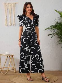 Elegante Mono De Pierna Ancha Escote En V Manga Abullonada Casual Para Mujer Con Estampado