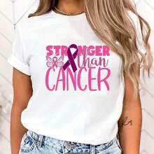 (High Quality Clothes)New Funny Breast Cancer Awareness Stronger Than Cancer Graphic Print Women T-Shirt Cool Summer Soft Tops - trắng - Xem 1