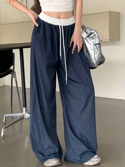 Vintage estilo americano empalme de color de la colisión de pierna ancha suelta casual pantalones de las mujeres delgadas Pantalones de Mujer