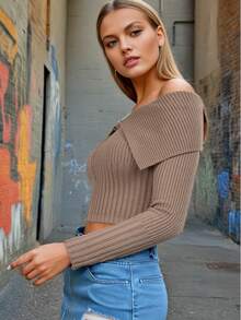 Made In Italy Sexy Knit Off Shoulder Long Sleeves Zip Up Top. Jaded Lndn Style. Perfect For Going Out & Any Occasion, Spring/Summer Collection - Camel - View 2