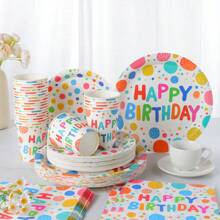 Colorful Polka Dot Happy Birthday Disposable Tableware Set, 7/9 Inch Party Plates Napkins Cups, Birthday Party Gift Celebration Decorations Disposable Paper Plates Napkins Cups, Suitable For Birthday Theme Party Supplies - Multicolor - View 3