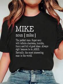 Adult Definition - First Name Mike Men T-Shirt Funny Print Crew Neck Casual T-Shirt Short Sleeve Sports Top, Smart Casual/Street Style Women's Clothing