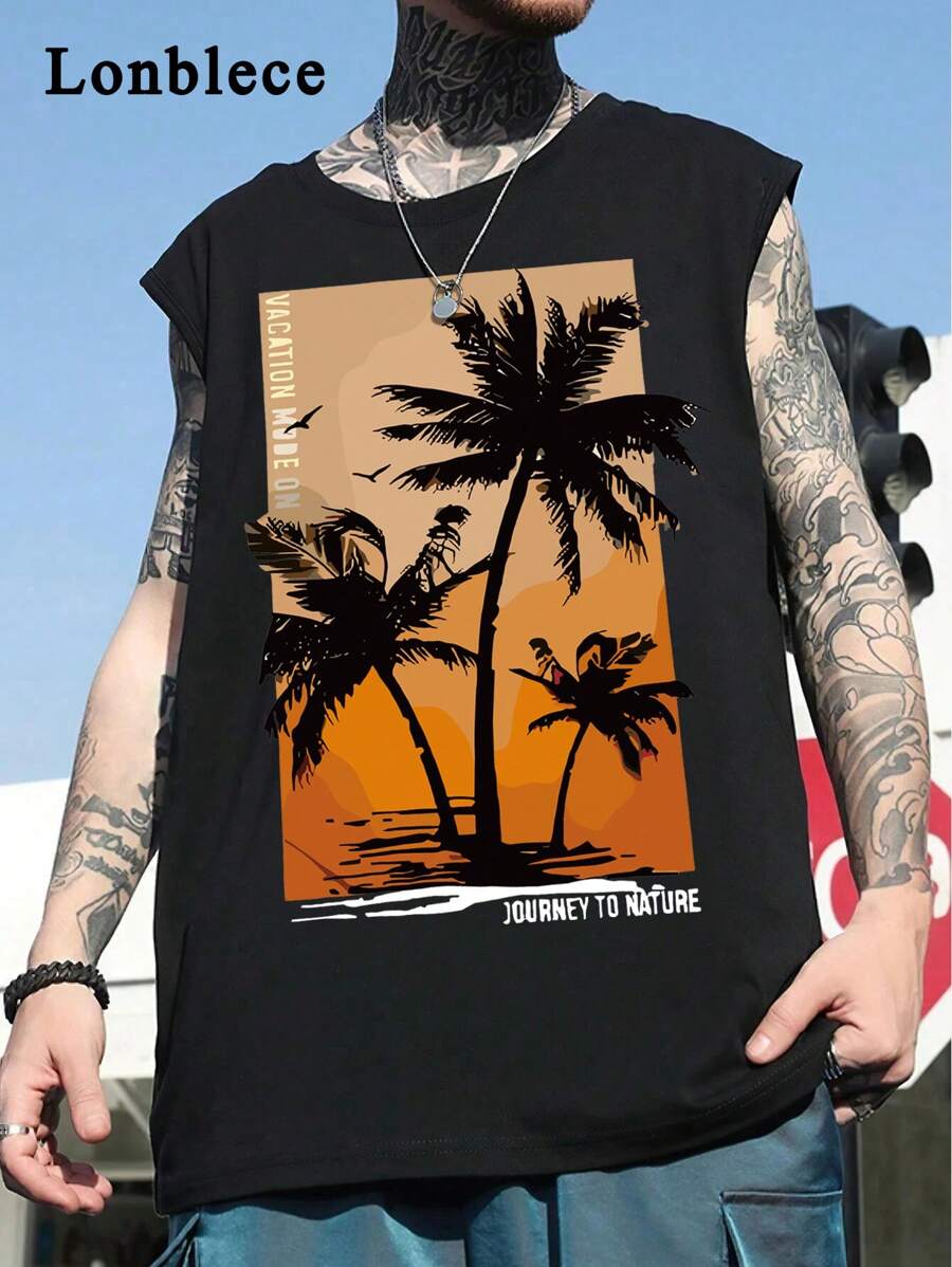 Lonblece Men's Casual Sleeveless Tank Top With Coconut Tree Scenery Print, Suitable For Daily Wear In Spring/Summer - Black - View 1