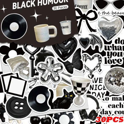 30 件简约黑白贴纸包，适用于笔记本、笔记本电脑、剪贴簿、日记本、杂志、吉他、水瓶、防水贴纸艺术品、学校用品、返校