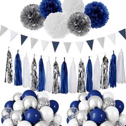 Navy Blue White Silver Party Decorations, Graduation Tissue Paper Pom Poms Streamers,Tassel Garland Banner Flowers, Men Birthday Bachelorette Shower Christmas Decor Lasting Surprise, Happy Birthday Decorations For Men