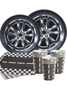 Conjunto de pratos, guardanapos e copos descartáveis em formato de roda de carro, para festas, adequado para 25 convidados, ideal para festas de aniversário e piqueniques em família - Multicolorido - Ver 1