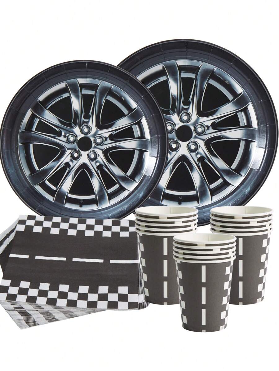 Conjunto de pratos, guardanapos e copos descartáveis em formato de roda de carro, para festas, adequado para 25 convidados, ideal para festas de aniversário e piqueniques em família - Multicolorido - Ver 1