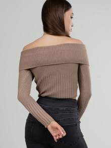 Made In Italy Sexy Knit Off Shoulder Long Sleeves Zip Up Top. Jaded Lndn Style. Perfect For Going Out & Any Occasion, Spring/Summer Collection - Camel - View 4