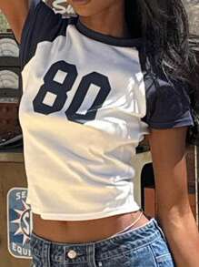 Women Y2K Jersey Baby Tees Tops Number Print Short Raglan Sleeve Crewneck T Shirts Crop Tops Summer Slim Fit Shirt Going Out Tops Streetwear - 藍色 - 查看 4