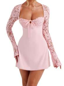 Women Lace Mini Dress Y2K Low-Cut Tie Up Lace Sheer Long Sleeve Backless Party Short Cami Dresses - 粉色 - 查看 4