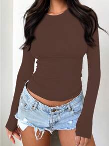 QGEMANWU Camisetas de manga larga con cuello redondo, ajuste delgado, básicas y casuales para salir, para mujer - color chocolate - Ver 5