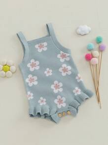 Baby Girls Knit Romper Spring Fall One Piece Knitted Jumper Jumpsuit Sleeveless Ruffle Trim Floral Print Bodysuit Top Summer Outfit