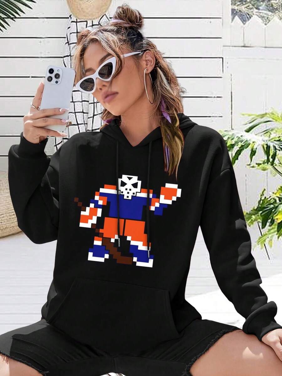 Edmonton Oilers Goalie Big Size Women Hoodie Sweatwomen Hoodies Bit Pixel Art Hockey Design For Women - Black - View 1