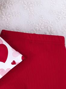 Baby Girl Ruffle Sleeves Round Neck Heart Print Top And Solid Color Knit Pants Cute 2pcs Set, Summer - Red - View 7