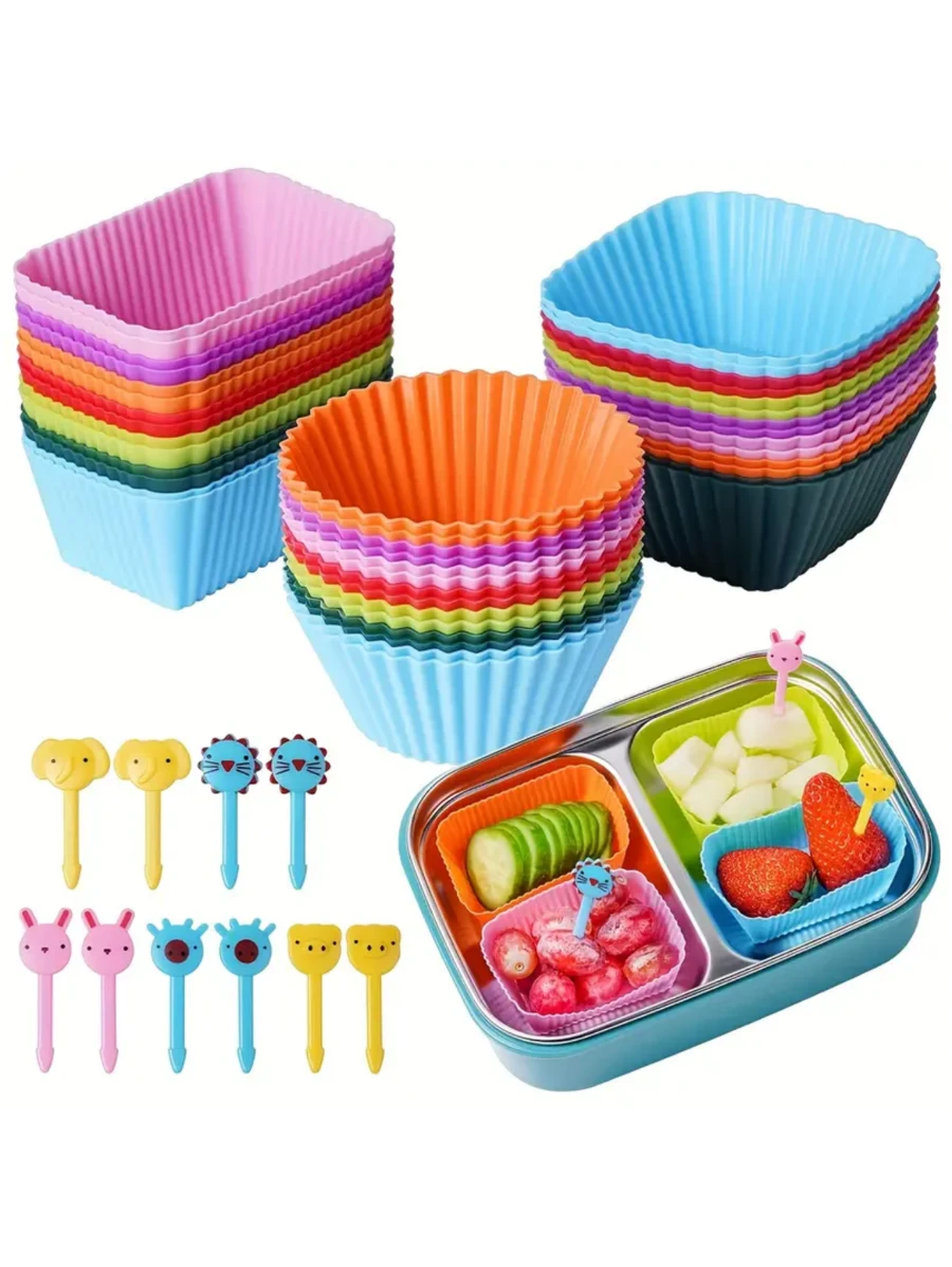 40 piezas Moldes de silicona para magdalenas y tenedores de fruta, divisores de lonchera, duraderos y reutilizables, aptos para lavavajillas y congelador, esenciales para volver al colegio - Color aleatorio - Ver 1
