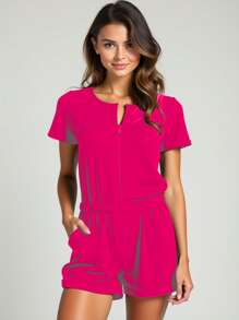 Curve And Plus Size Jumpsuit In Fleece With Zipper For Adult Women - Hot Pink - View 1