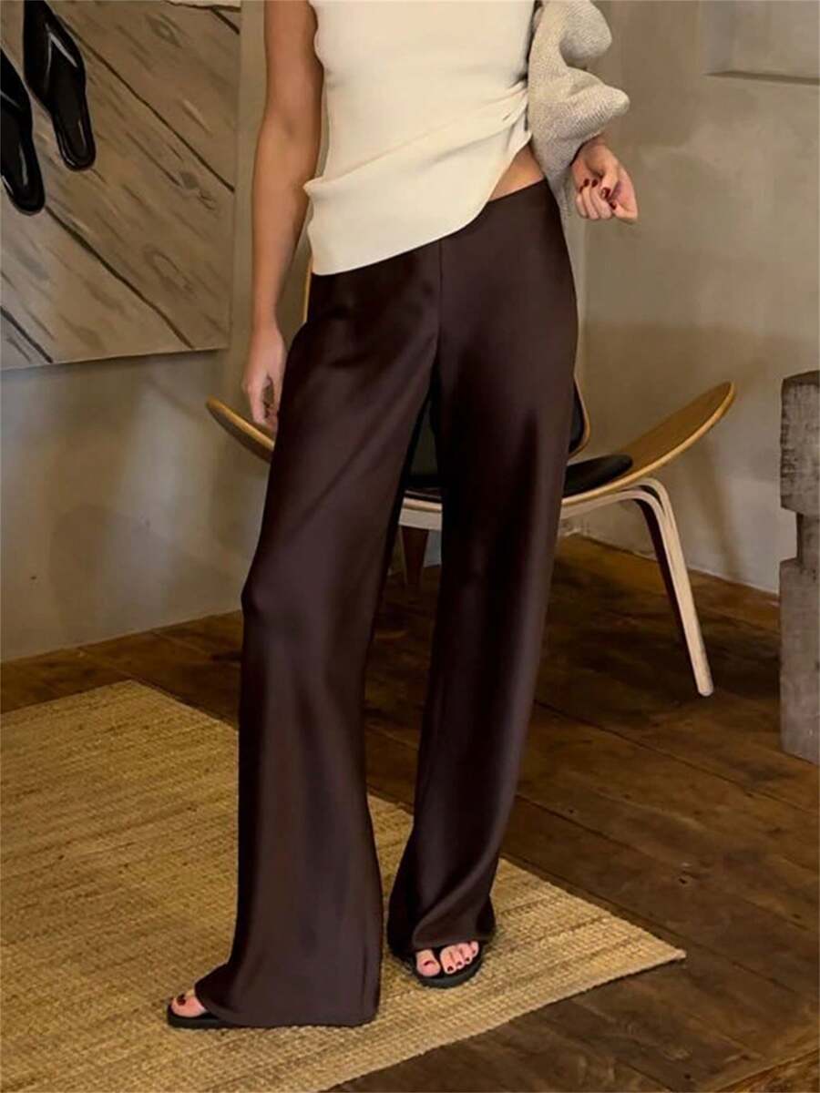 Women Satin Wide Leg Dress Pants Casuel Dressy Long Flowy Pants Solid Color Elastic High Waisted Work Trousers - 棕色 - 查看 1