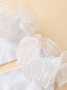 1 Pair Kids/Children Solid Color Fashionable Versatile Dance Princess Lace Trim Cotton Crew Socks - White - View 4