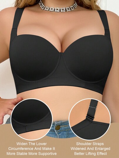 Beige Seamless Plus Size Women's Underwear Smooth Simple Wide Strap Comfortable Push-Up Bra, Lift