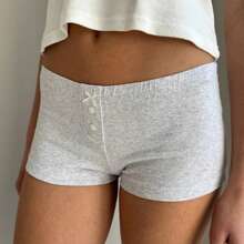 Women Low Waist Y2K Summer Shorts Lounge Shorts Soft Elastic Bow And Button Front Comfy Stretch Sexy Skinny Pajama Bottoms Hot Pants - 淺灰色 - 查看 5