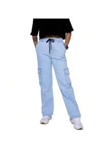 WOMEN'S SKATEBOARD WIDE TWILL CARGO JOGGER PANTS, CASUAL, 5 POCKETS, DRAWSTRING CLOSURE, UNISEX FASHION - 寶藍色 - 查看 1
