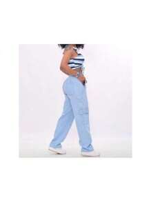 WOMEN'S SKATEBOARD WIDE TWILL CARGO JOGGER PANTS, CASUAL, 5 POCKETS, DRAWSTRING CLOSURE, UNISEX FASHION - 寶藍色 - 查看 2