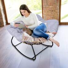 Outdoor Rattan Rocking Chair, Patio Comfy Reading Chair With Oversized Cushion, Indoor Recliner Wide Rocking Chair For Balcony, Front Porch, Garden, Living Room, Grey - Grey - View 9