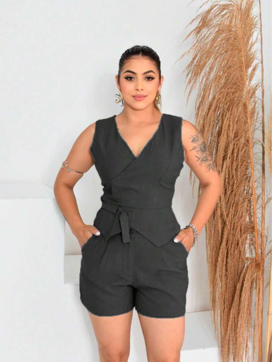 Shorts And Wrap Blouse Set - 黑色 - 查看 1