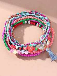 Bộ 12 chiếc vòng chân đính hạt kiểu Bohemian hình trái tim dâu tây tua rua nhiều lớp, thích hợp cho nữ giới đi nghỉ mát, dự tiệc, đi biển và mặc hàng ngày. - Nhiều màu - Xem 1