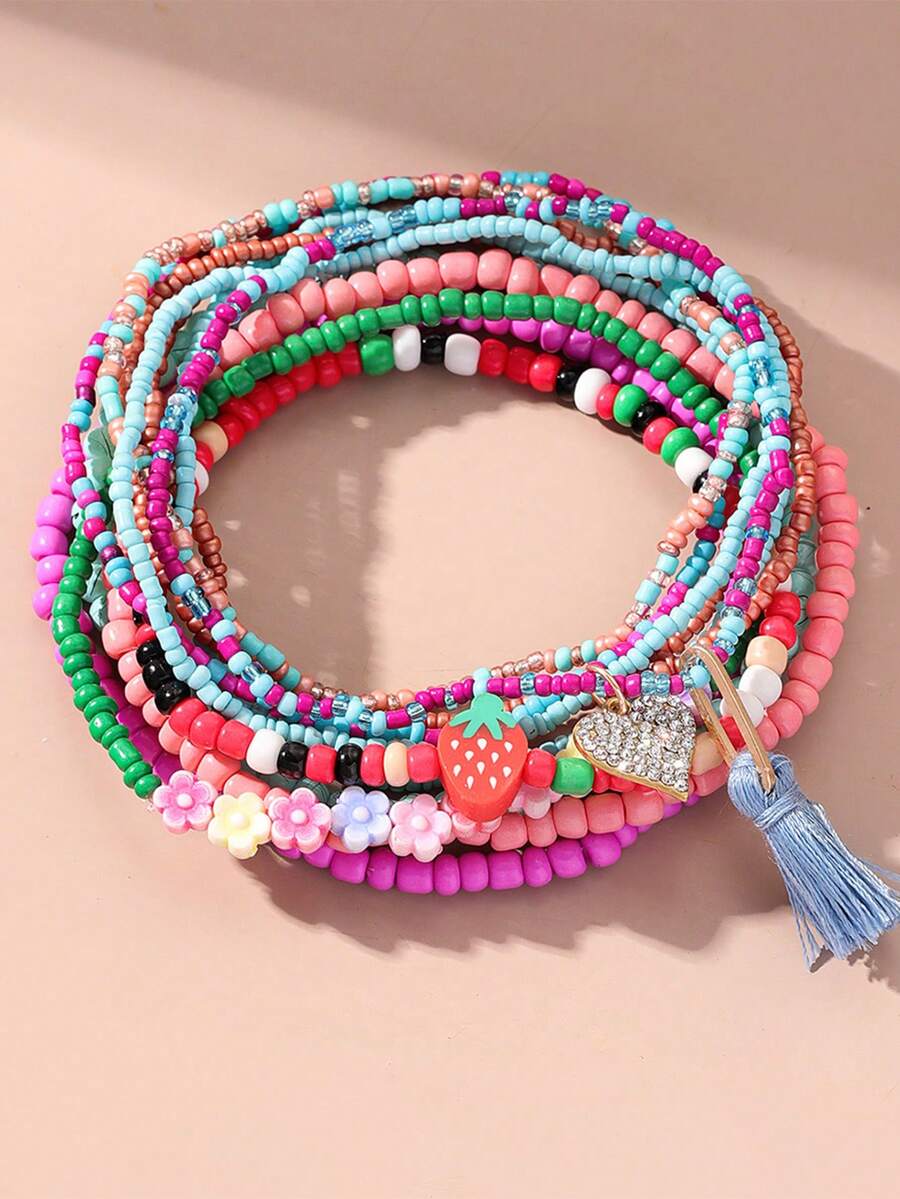 Bộ 12 chiếc vòng chân đính hạt kiểu Bohemian hình trái tim dâu tây tua rua nhiều lớp, thích hợp cho nữ giới đi nghỉ mát, dự tiệc, đi biển và mặc hàng ngày. - Nhiều màu - Xem 1