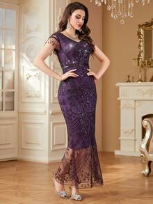 Women Embroidery Leaf Sequin Long Ruffled Sleeve Cap Sleeve Tassel Zippered Elegant Dress, Suitable For Banquet, Daily Wear & Other Occasions, Party Dress, Wedding Guest Dress, Formal Dress, Evening Dress,Gown - Purple - View 6