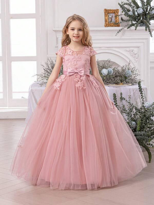 Vestido de fiesta con volantes para niña preadolescente, estilo princesa elegante adecuado para fiesta de cumpleaños, boda, baile de graduación, niña de las flores, vestido para celebración de días festivos con bordado de lazo de estilo Día de la Independencia