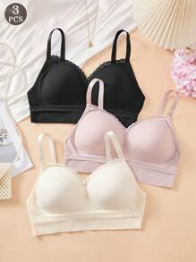 3pcs Women Solid Color Seamless Lace Bra Set, Adjustable Straps, Fixed Molded Cups, Comfortable Wireless, Wrinkle-Resistant Non-Slip Sports Bra - Multicolor - View 2