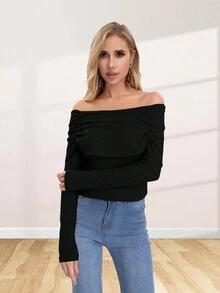Blusa tipo strapless con hombros descubiertos con resorte en hombros de manga larga - Negro - Ver 5