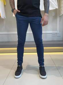 Men's Slim Casual Traditional FIT 4-Pocket Skinny Twill Pants - Navy Blue - View 2