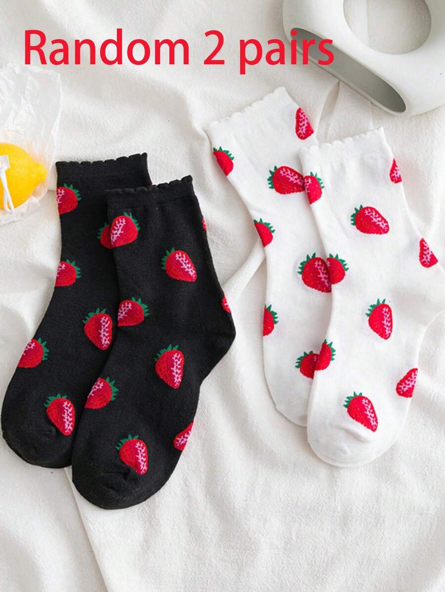 2 双可爱柔软舒适草莓中筒袜 - 彩色 - 查看 1