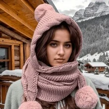 Women'S Knitted Beanie Hat With Integrated Scarf And 3 Pom-Pom Accessories, Thick Warm Fleece-Lined Knit Cap, Polyester, Non-Stretch, Machine Washable, With Winter Ear Protection - 三球圍巾帽-紅色 - 查看 5