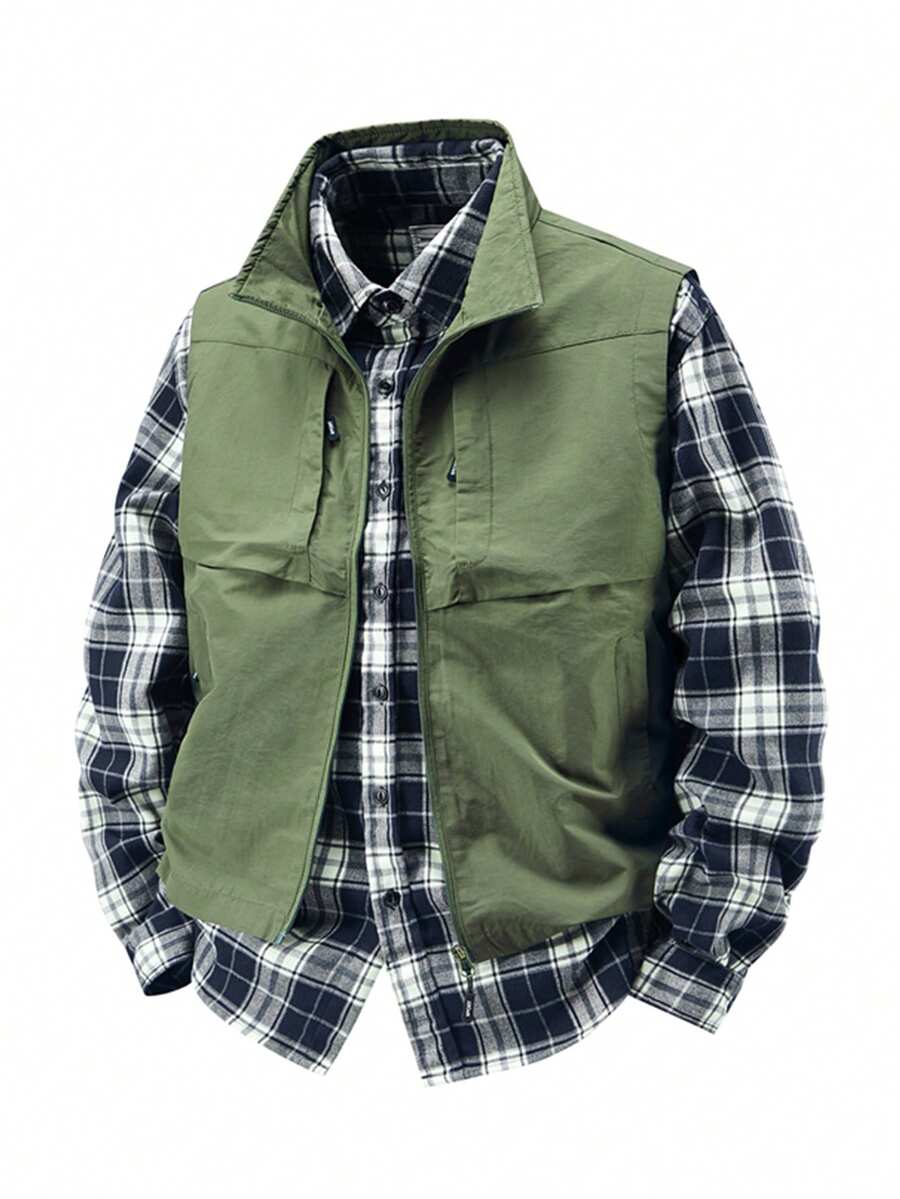 جاكيت صدر رجالي للخارج، جاكيت خفيف الوزن للتنزه والصيد بياقة واقفة، جاكيت خفيفة، ملائمة للربيع والصيف - أخضر عسكري - مشاهدة 1