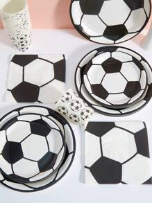 25-Piece White Soccer Disposable Tableware Set Including Plates, Napkins And Cups, Suitable For Birthday Parties, Family Picnics And Other Events
