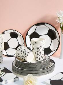 25-Piece White Soccer Disposable Tableware Set Including Plates, Napkins And Cups, Suitable For Birthday Parties, Family Picnics And Other Events