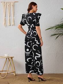 Elegante Mono De Pierna Ancha Escote En V Manga Abullonada Casual Para Mujer Con Estampado