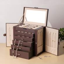 Frebeauty Large Jewelry Box,6-Tier PU Leather Jewelry Organizer,Multi-Functional Storage Case With Mirror,Accessories Holder With 5 Drawers For Necklace Bracelets Watches - 棕色 - 查看 6
