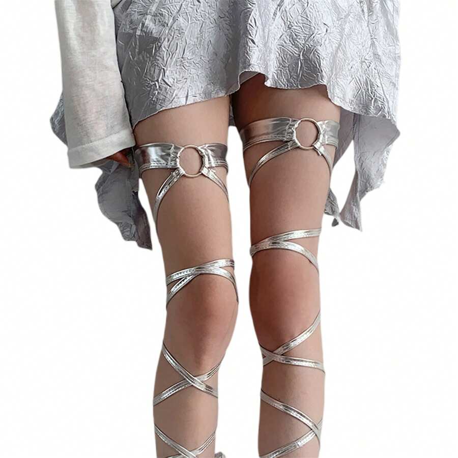 Elevate Your Leg Game With Our Stylish Cross Strap Leg Garters - Available In Black And Silver - Silver - View 1