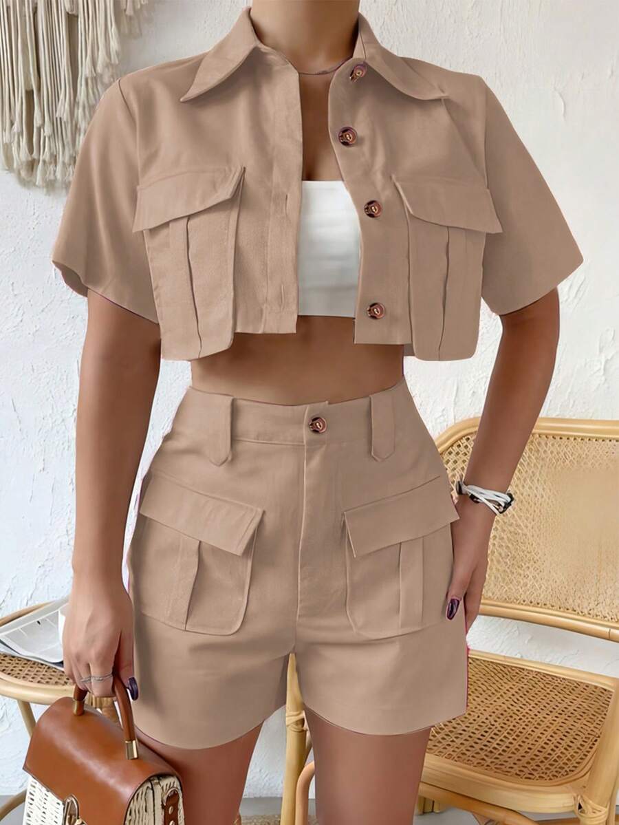 Conjunto de ropa de trabajo de lino y algodón con cuello alto, camiseta de manga corta y pantalones cortos - Caqui - Ver 1