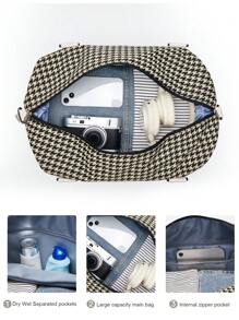 Oversized Travel Bag Houndstooth Pattern Letter Patch Decor Wet Dry Pocket Traveling Bag Plaid Beach Bag For Summer Travel Essentials For Holiday Summer Accessories For Vacation Travel Organizer Hospital Bag Travel Accessories For Camp For Suitcase Overnight Bag Gym Bag Duffle Bag Weekend Bag Duffel Bag For Luggage Carry On Bag College Bag Luggage Bags Weekender Bag Winter Bag For School School Accessories School Stuff - Multicolor - View 5